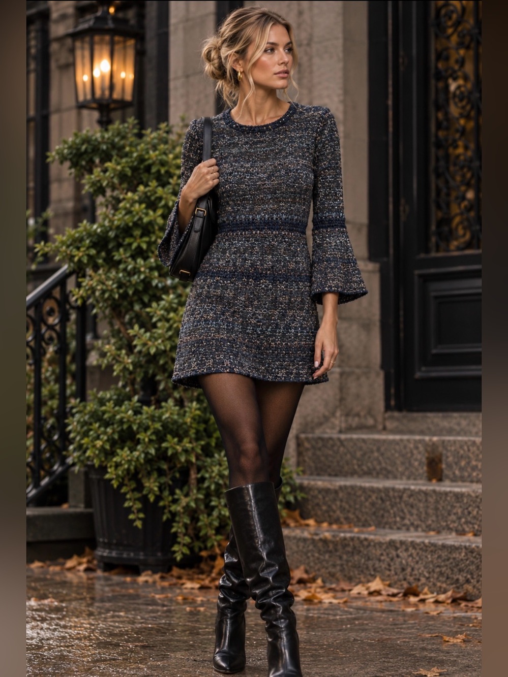 Peruvian Connection alpaca Navy and Gray Knit Fit-and-Flare Dress